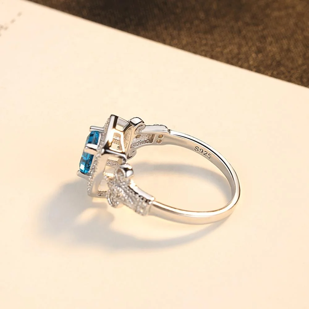 CZCITY Real 925 Sterling Silver Blue Color Topaz Stone Fashion Blue Engagement Ring White Gold Plated