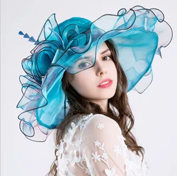 Western Style Wide Brim Women Church Kentucky Derby Fascinator For Tea Bride Dress Organza Mesh Party Wedding Hat