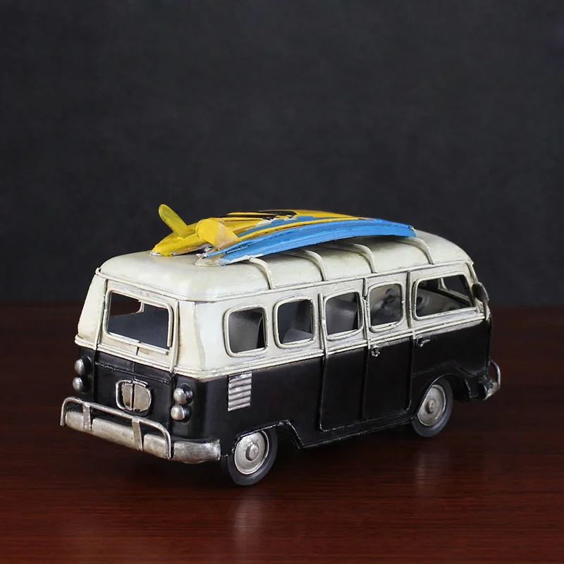 Handmade Metal Crafts European England Vintage Classic Bus Model With Skateboard Gift Home Office Decor