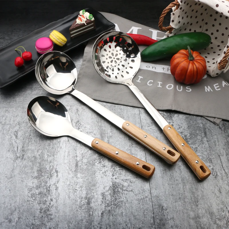 Solid Wood Cooking Tool set Stainless Steel Kitchen Utensil Set With Wooden Handle