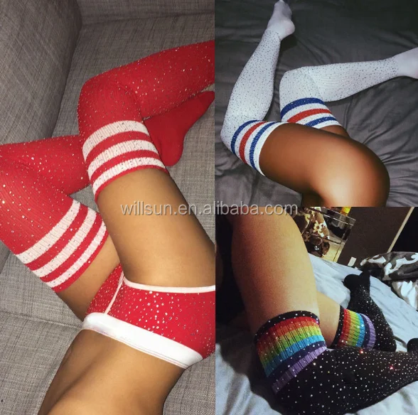 
2019 wholesale young girl lady funny stockings stripe glaring dress sexy lady Diamond over knee hign socks 