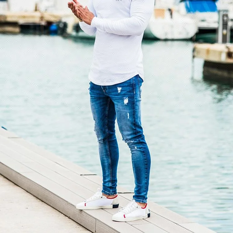 Royal wolf denim garment factory blue vintage acid wash destroyed hole slim jeans for men