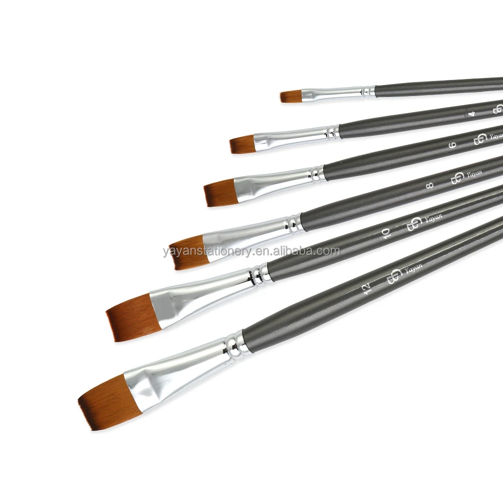 High Quality 6PCS Flat Korea Synthetic Nylon Wooden Handle Acrylic Paint Brushes