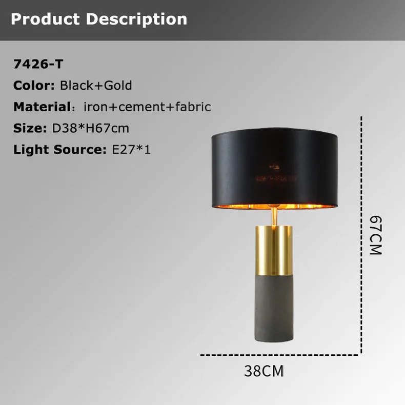 Black gold fabric cement base modern lamp shade bedside hotel luxury light table lamp