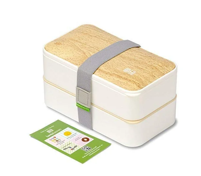 Wood bamboo Like style leakproof 2 layer bento lunch box with cutlery for kids and adults