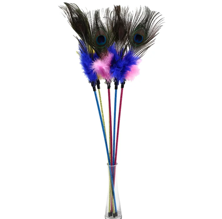 Cheap interactive cat teaser toy purely handmade peacock colorful feather bells for cat