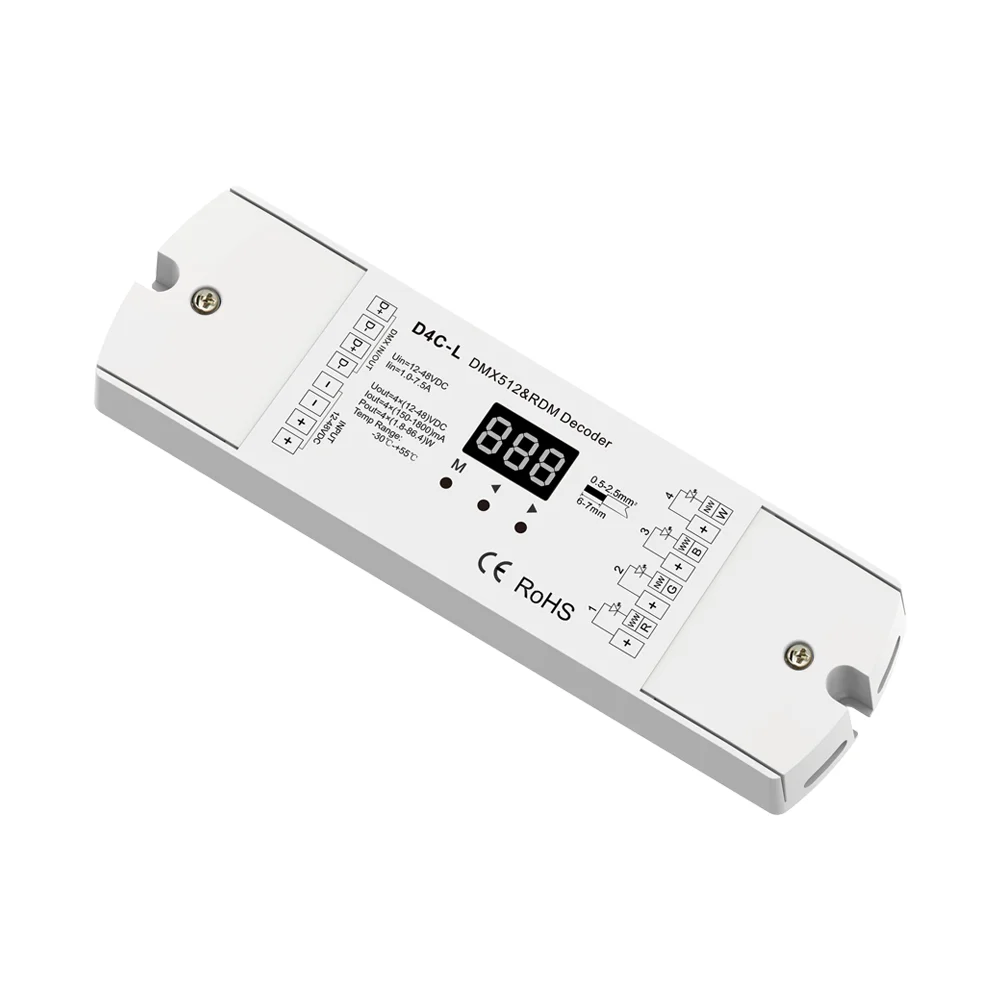 SKYDANCE D4C-L постоянный ток DMX512 RDM декодер 350mA 700mA контроллер для 4 канальный цифровой дисплей