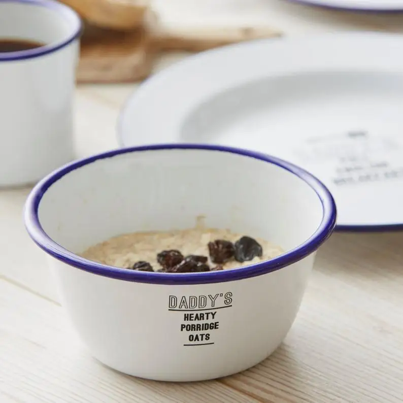 CHL custom 14cm 16cm 18cm 20cm large custom logo printed blue color sugar salar soup food rice enamel ware mixing bowls set