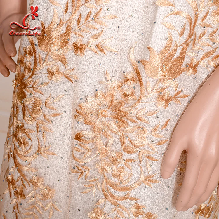 Wholesale Voile Dress 3d Flower Embroidery  Beaded African Glitter sequins french lace fabric wedding bridal dress for party