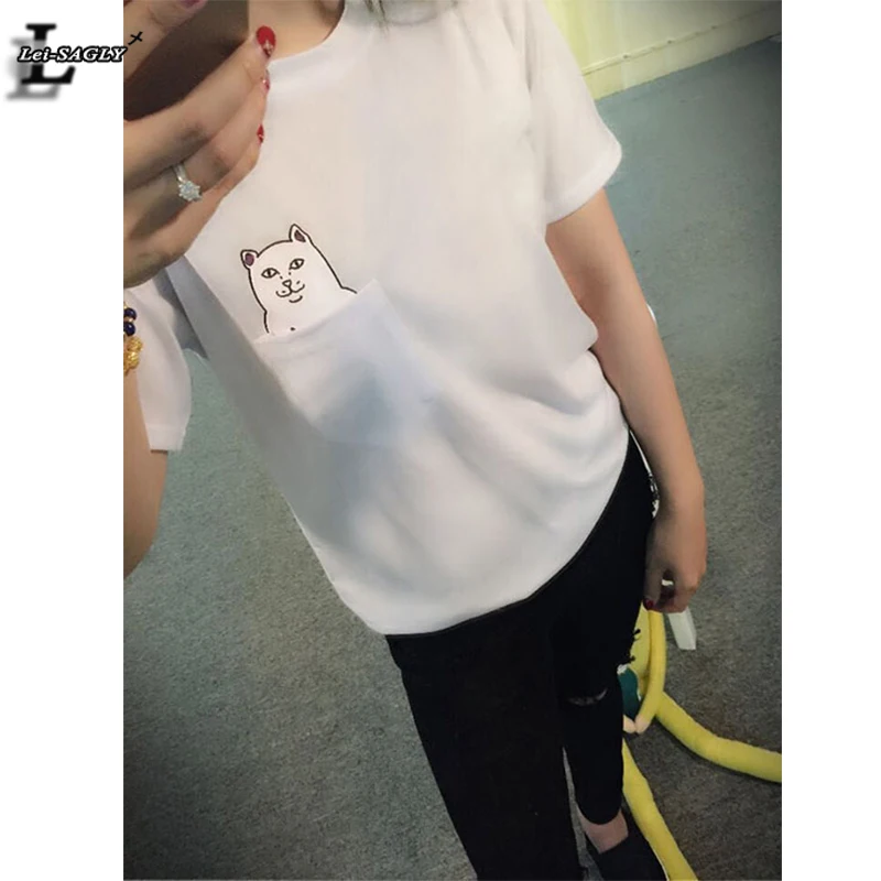 2016 New Fashion White Pocket Harajuku Style T Shirts Wild Cat Lovers Big Yards Women Wear