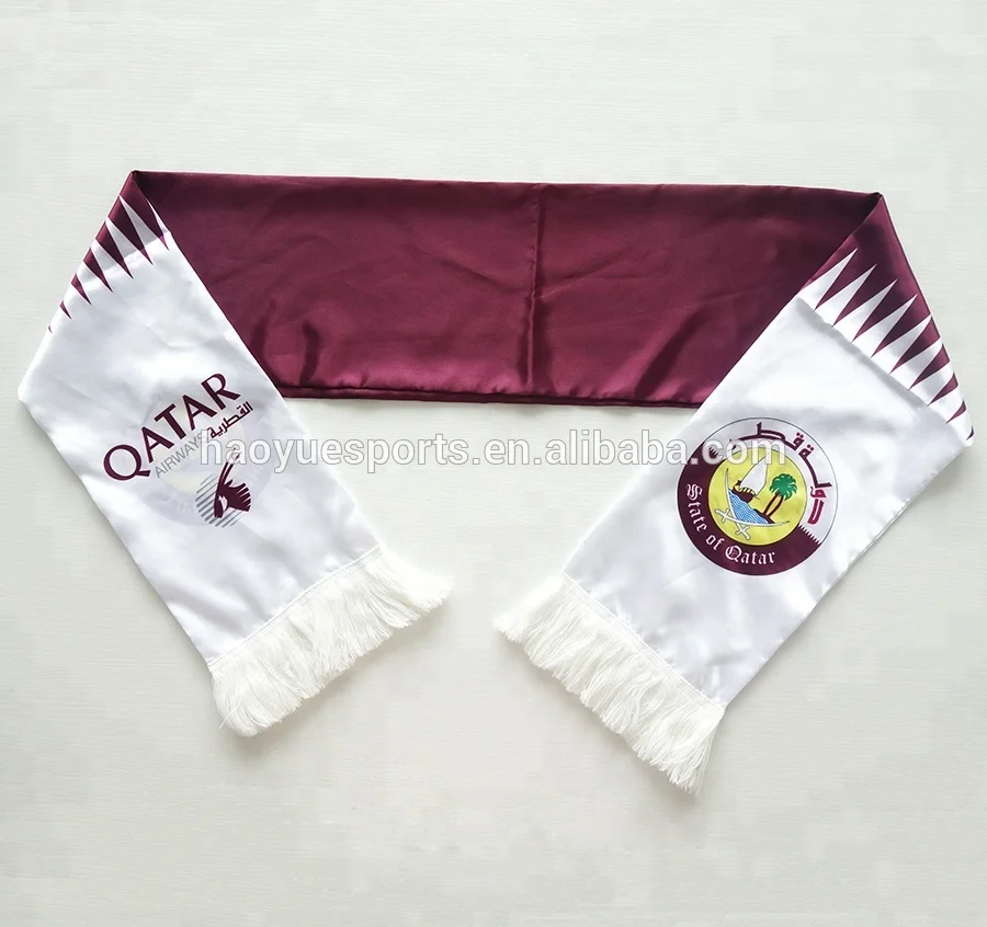 
Hot Sale Polyester Sublimated Qatar National Day Fans Football Scarf 
