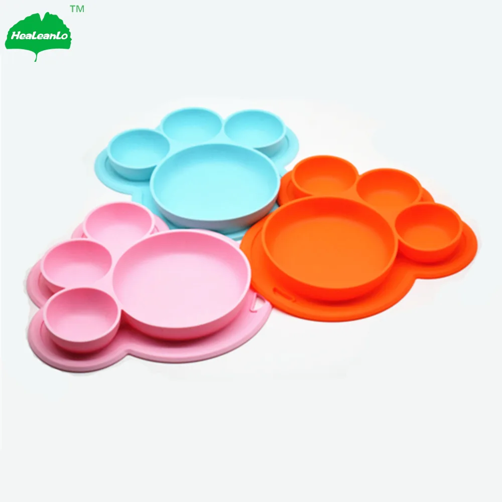 Silicone Suction Plate Bear Footprint Silicone Dinner Plates Eating Mat for Babies Feeding Plates with a Hang Hook