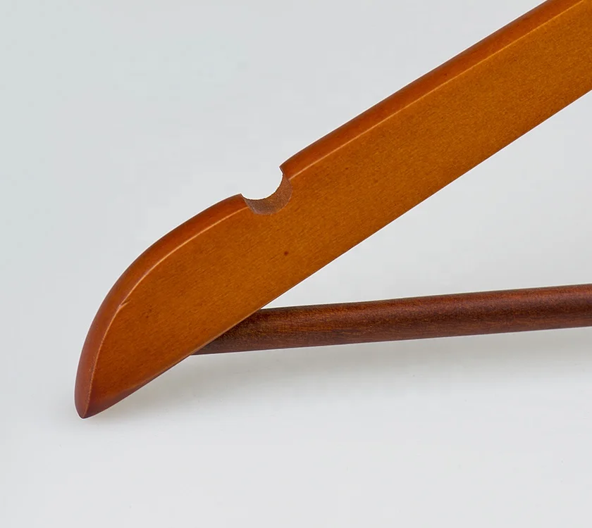 
China Hanger Factory Wholesale Clothes, Hotel and Shop Cherry Color Wood Hanger with Round Bar and Non Slip Design 