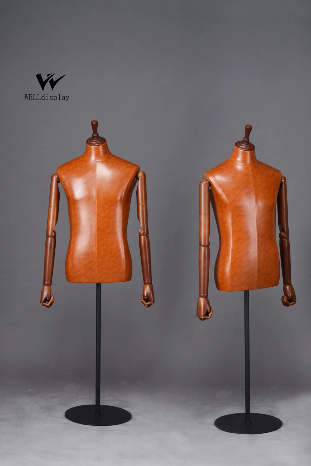 BROWN LEATHER MALE BUST, MALE TAILORING MANNEQUIN TORSO WITH WOODEN ARMS