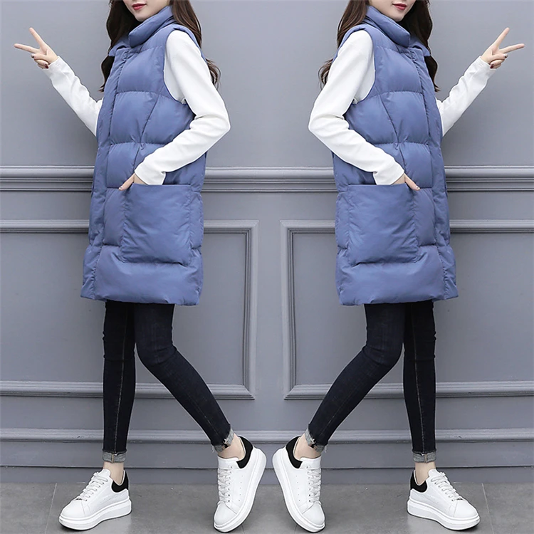 Wholesale Fashionable Spring Sleeveless Puffer Jackets Women Cotton Padded Winter Gilets Vests Long Plus Size XXL Pocket