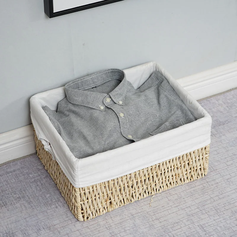 Eco-friendly Rectangle Bread Fruit Hand-woven Box of Food Chips Storage Basket Wooden Storage Basket with Fabric Lining