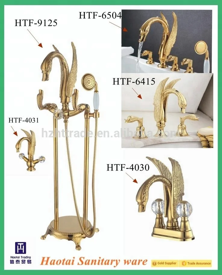 Single-Handle Modern Golden Swan Freestanding Bath Shower Faucet Brass Ceramic Mixer Taps with Rain Spray Pattern for Hotels