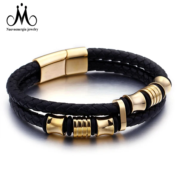 Fashion Double Braided Bracelets Accessories Black Gold Leather Bracelet Stainless Steel For Men