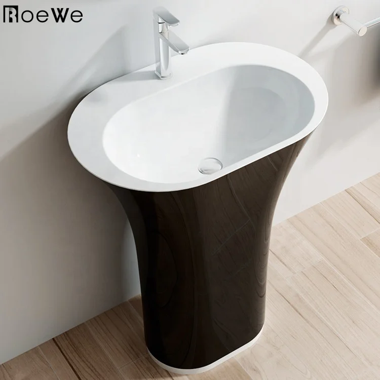 resin composite cast stone floor standing pedestal sink black, bathroom hand washing basin solid surface freestanding washbasin