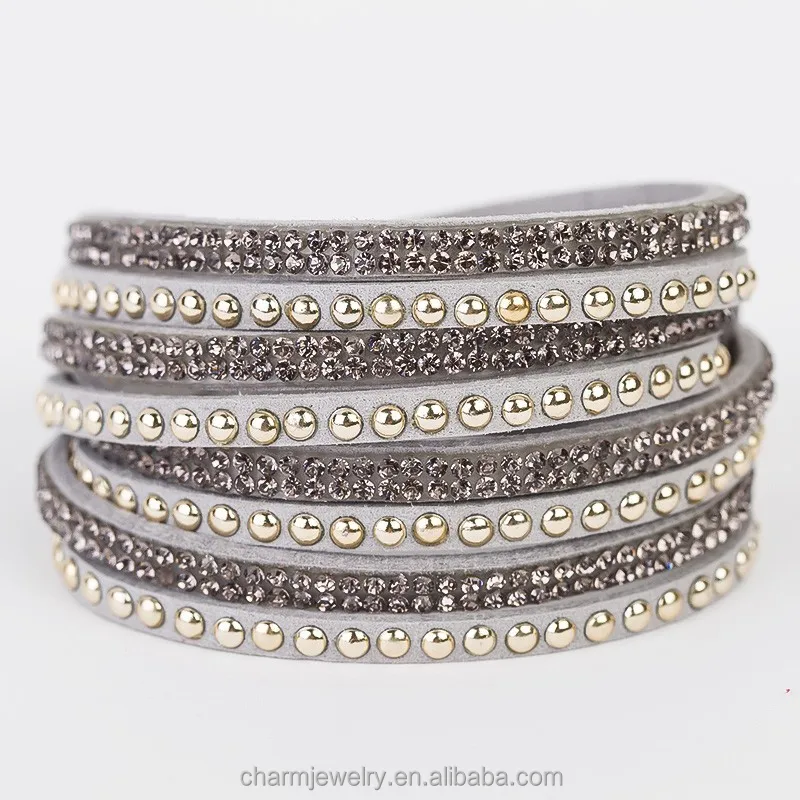 Wholesale 6 Layer handmade velvet slake rhinestone Women Jewelry Leather Wrap Bracelets Bangles BCR030