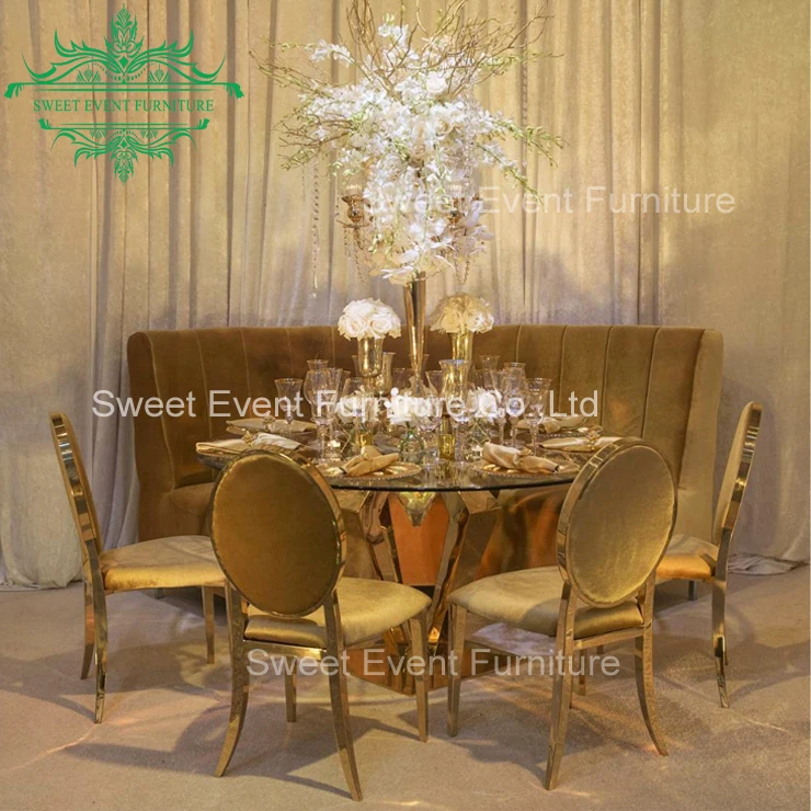 Clear glass top wedding reception chairs and tables with ss base