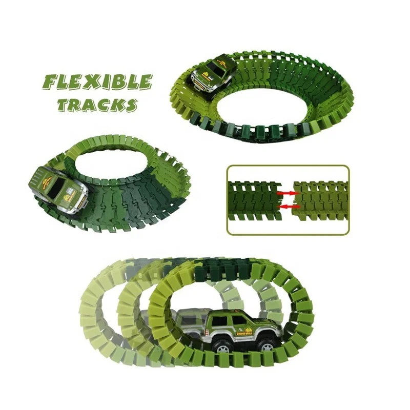 Hot sale Green Simulation Dinosaur World  Flexible Track Cars Toy Set 142pcs for kids