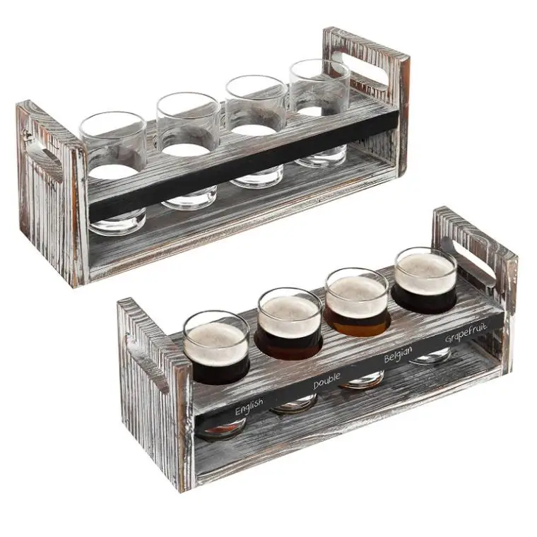 Rustic Torched Wood Craft Beer Flight Tasting Serving Tray With 4 Glasses And Chalkboard