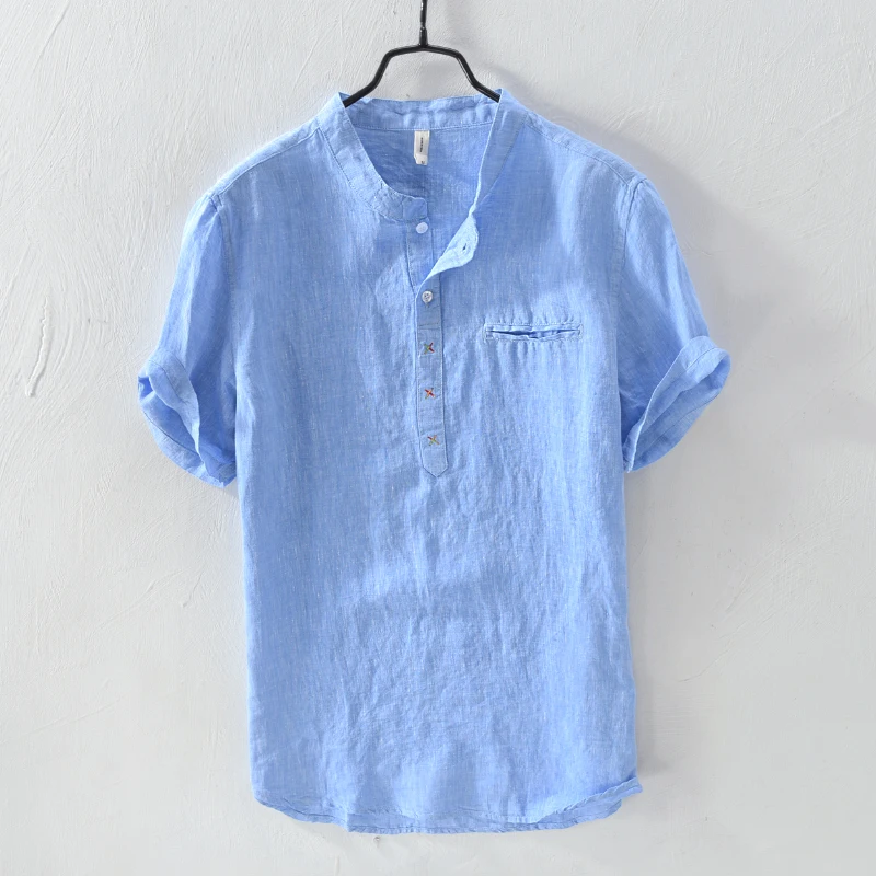 hot sale popular plain linen short sleeve man shirts