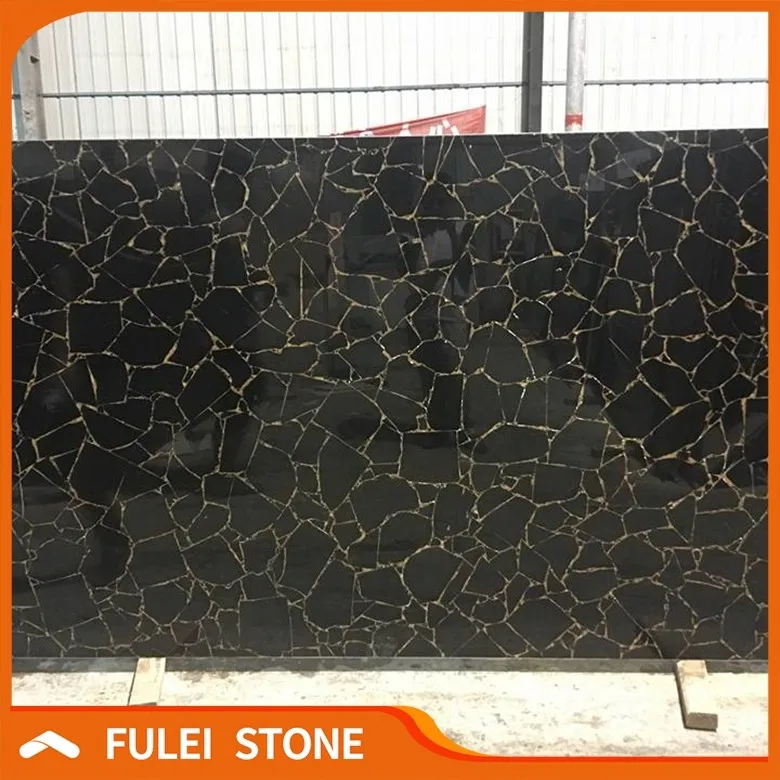 
Cheap price black obsidian stone slabs inlay gold foil for sale 