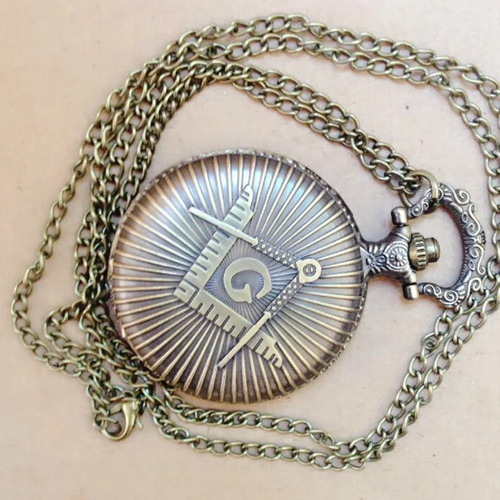 Masonic Free-Mason Freemasonry Design Antique Bronze Fob Pocket Watch With Chain Necklace