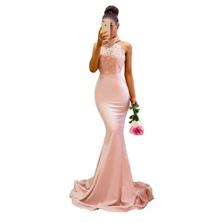 Women Sheer Halter Neck Sleeveless Evening Prom Dress 2019 Mermaid Satin Evening Dress