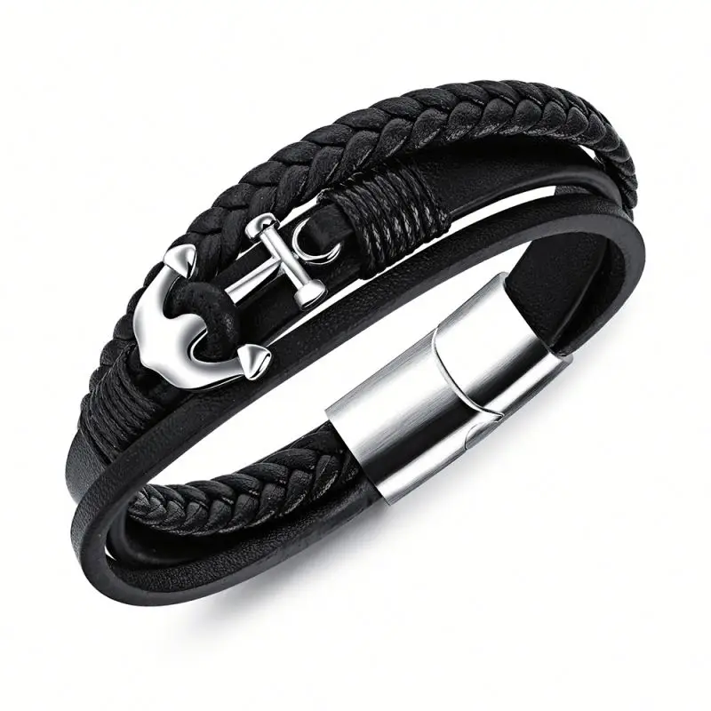 China Wholesale Braided Wrap Leather Mens Black Anchor Bracelet