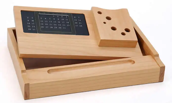 Wooden Multi-function Desk Stationery Organizer Storage Box With Perpetual Calendar