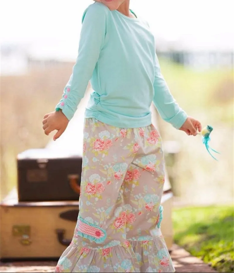 
High quality full kids clothes pink floral ruffle sets boutique girls outfit 