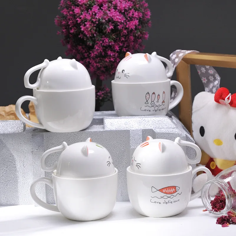 Creative Cartoon Ceramic Mug Porcelain Cup Cute Cat 3D Mugs Large Capacity Glass Milk Cup with Lid