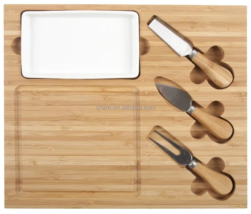 Eco-friendly Bamboo Cheese Board Set with Ceramic Dish and 3 Cheese Tools