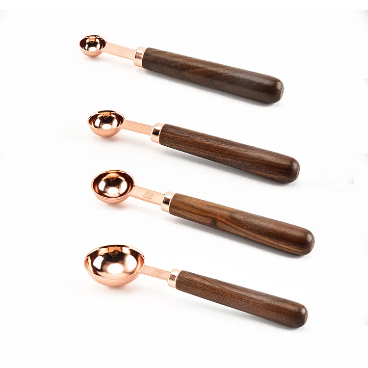 Copper Measuring Spoons Set of 4 Stainless Steel with Wooden Handle Engraved Measurements