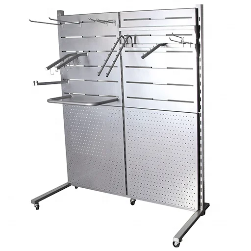 Metal slatwall panels display rack  / Pegboard stand / Angled clothing shelves /  Cloth hanging hook