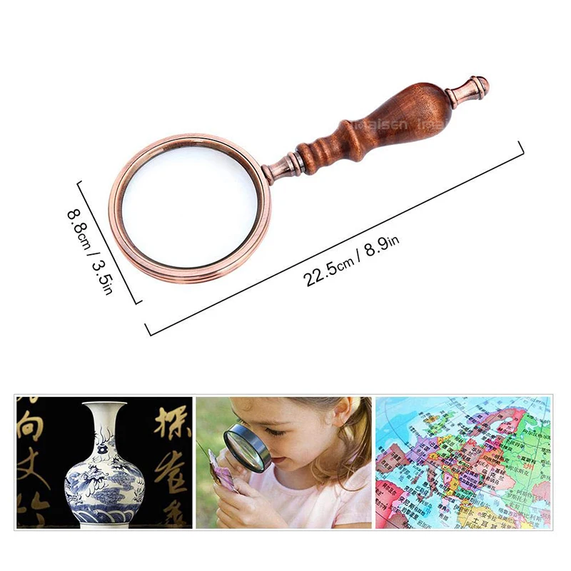 Metallic Wooden Handle Vintage Reading Magnifier High-end Handheld Optical Glass Magnifying Glass, Bronze 10x Magnifier