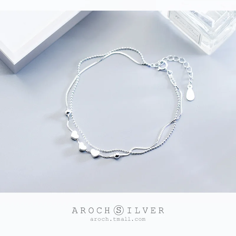 New Style 925 Silver Hand Catenary for Women Simple Fashion Chic Heart Beads Double Layer Bracelets Jewelry