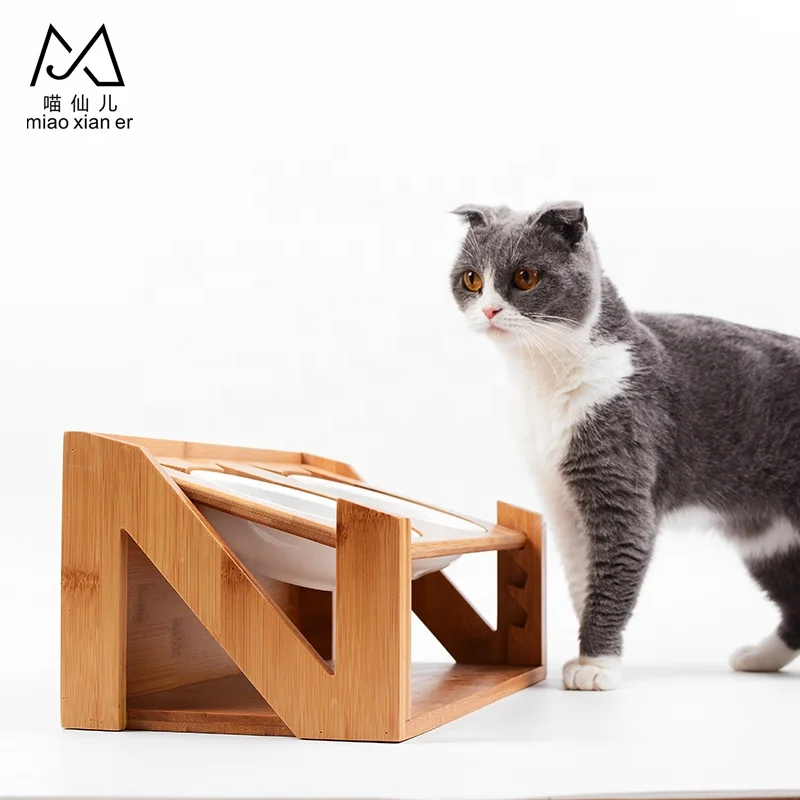N-shaped Bamboo Wood Pet Feeder With Ceramic Two Pet Bowl for Cat Dog Supplies