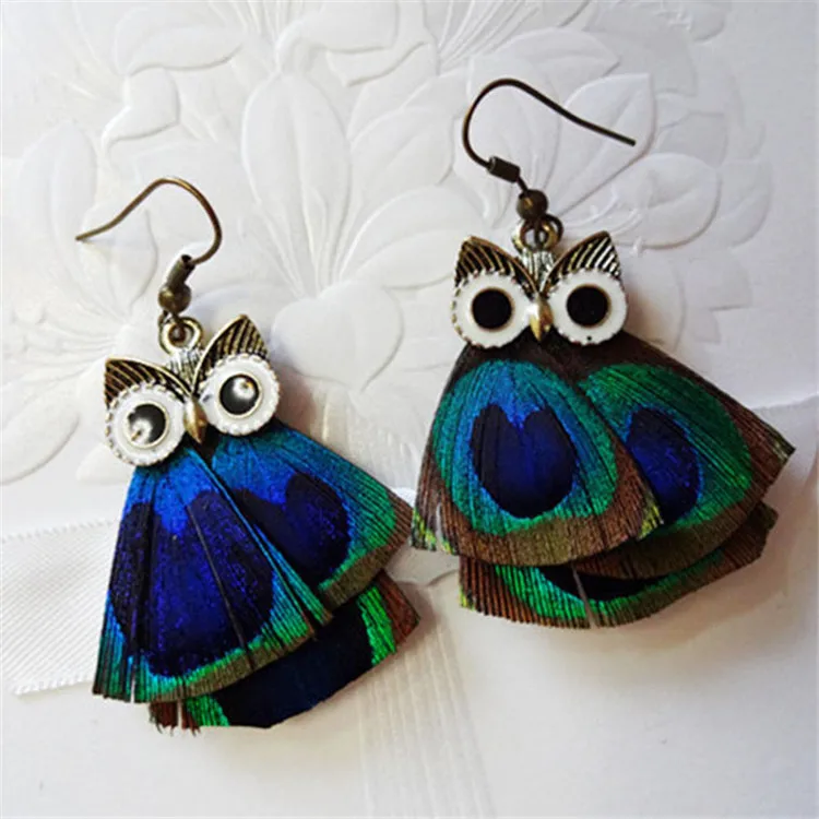 Real peacock feather earrings owl earring