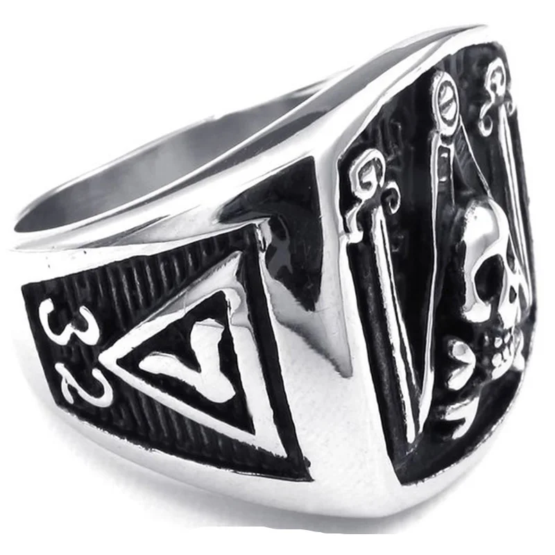 Silver Black Mens Stainless Steel Ring, Vintage Skull Freemason Masonic Men Ring