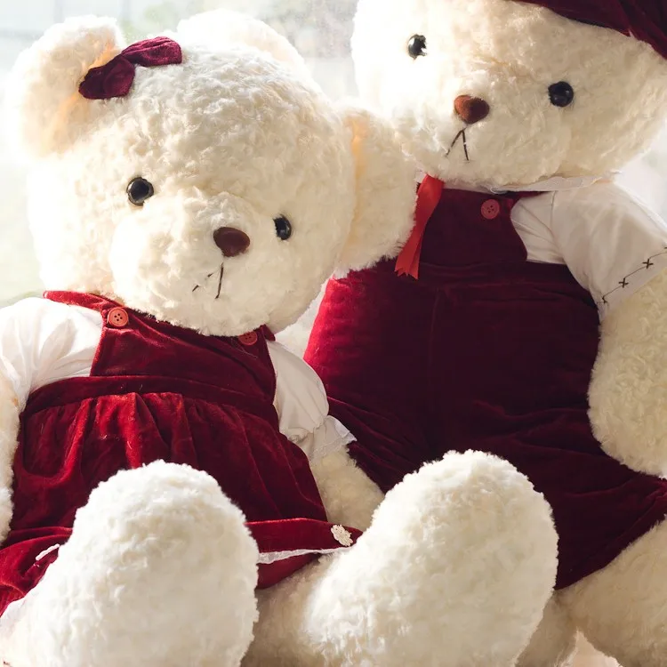 Plush Toy Couple White Bears in Dark Red Cloth/Soft Big Bear Toy Total Length 100cm/Soft Stuffed Bear Valentine Gift