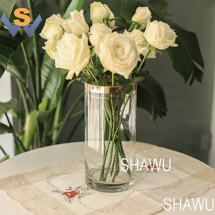 wholesale wedding cheap flower cylinder glass vase with gold rim for decoration