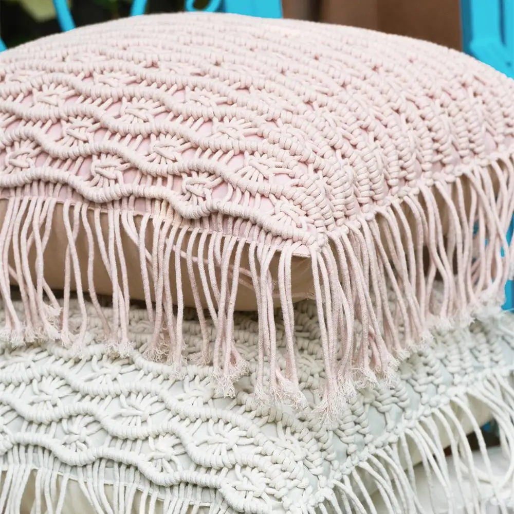 Solid Hand Knitting Lolita Crochet Throw Pillow Cover Cushions Macrame Trim Decoration Round Pillow Case Insert Included