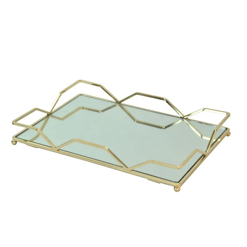 Decorative luxury Mirror Tray Glass Vanity Rectangle Home Decor Gold Metal Perfume Serving Storage Tray