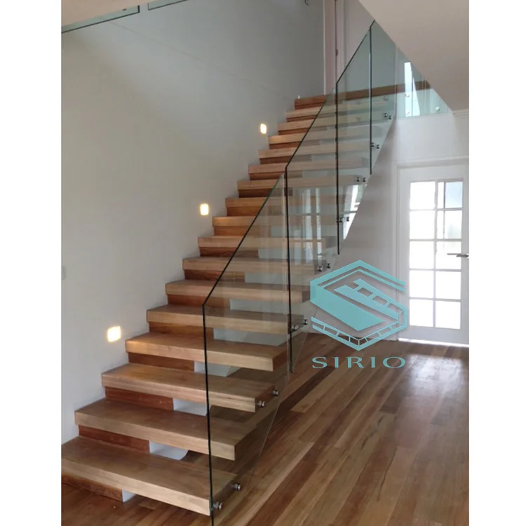 
Laminated Safety Glass stairs with Metal Single Beam Staircase and wood treads 