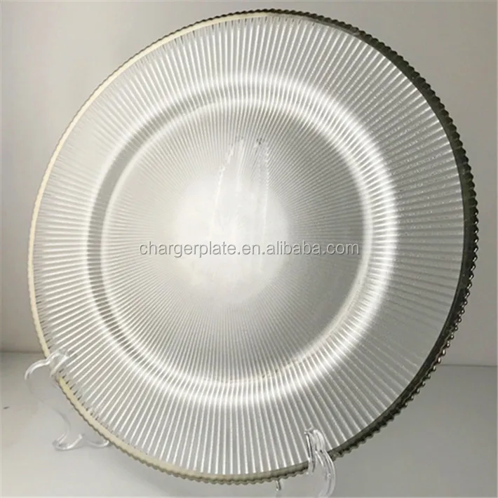 13inch Cheap Unique Ray Design Gold Rim Clear Glass Charger Plate Wedding Decoration Supplies