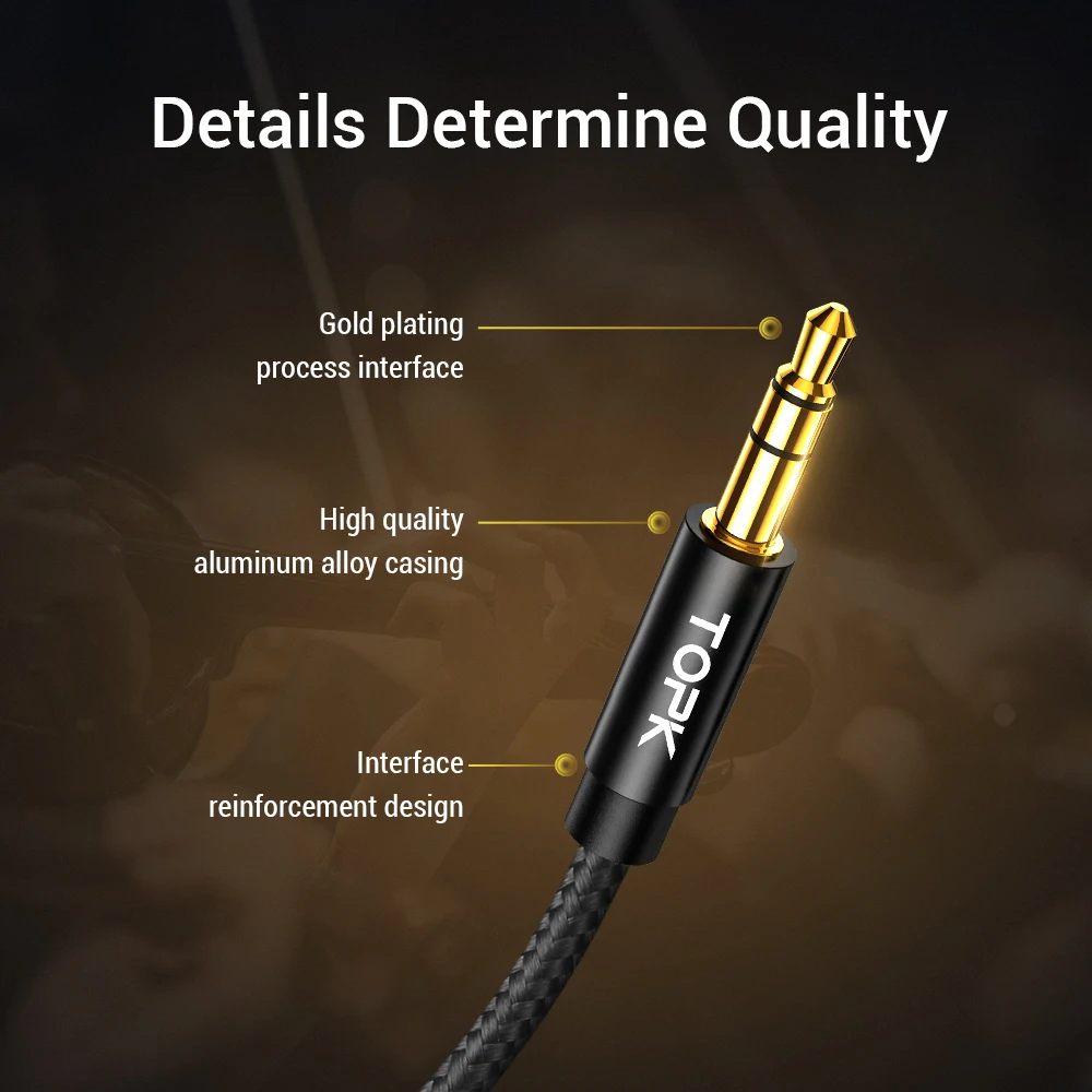 TOPK Gold Plating Nylon Weave Speaker Headphone Male to Male 3.5mm 35mm Aux Audio Cable